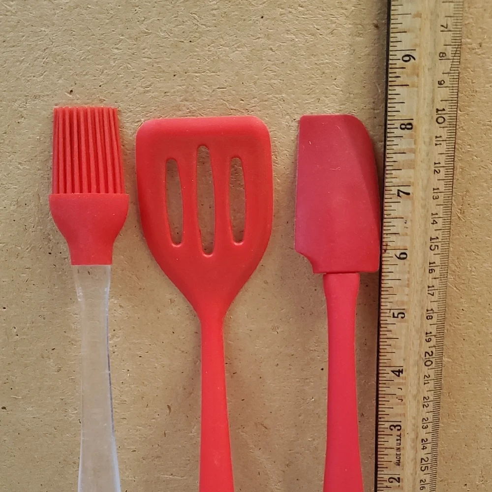 Red Silicone Kitchen Utensil Set - Spatula, Turner, Pastry Brush